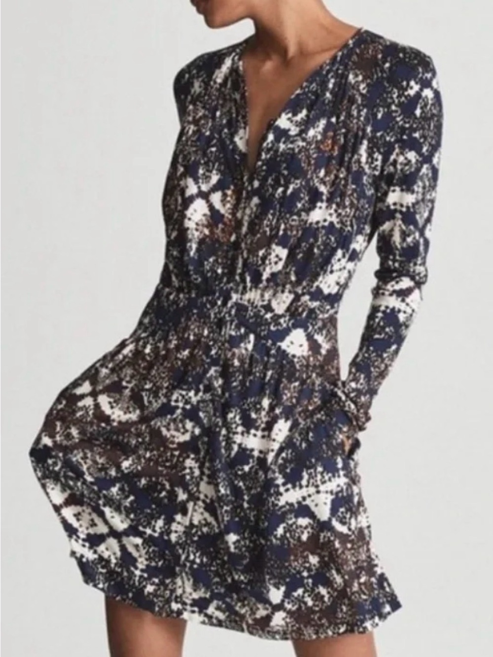 Reiss NWT Antonia printed Jersey Dress. Size 4. Black cream, browns